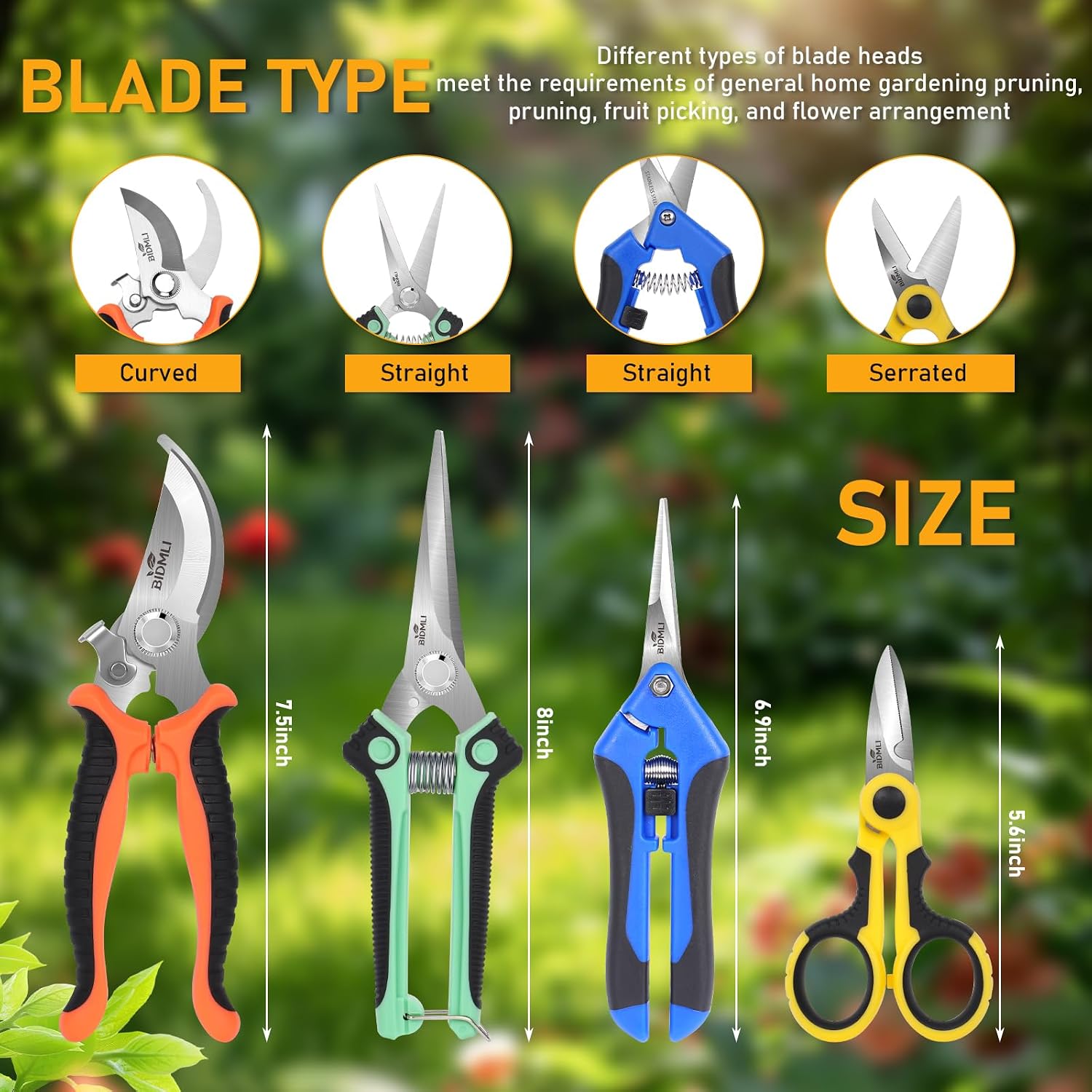 4-Pack Multifunctional Garden Scissors Set-BIDMLI Stainless Steel Pruning &Floral Shears with One-Piece Handle Blades for Tree Pruning, Flower Trimming, and Fruit Picking Tasks at Home&Garden Tool. - Image 3