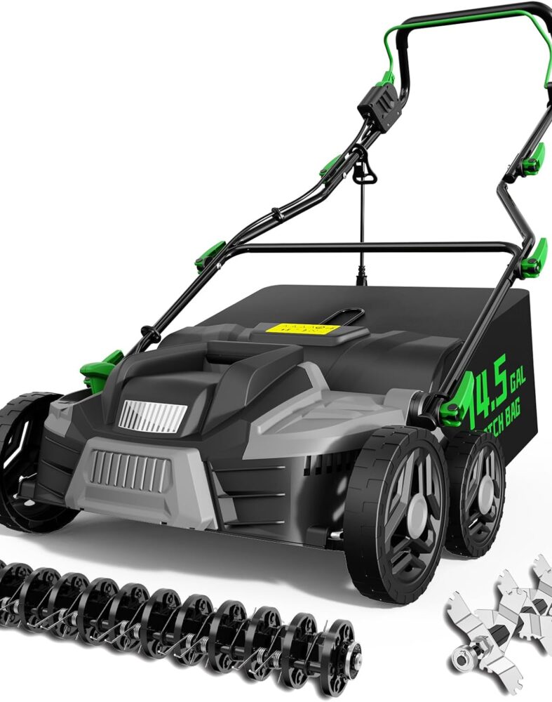 TIECTOWN 2026 Upgrade 16-Inch 15.5A Electric Dethatcher & Scarifier, Green
